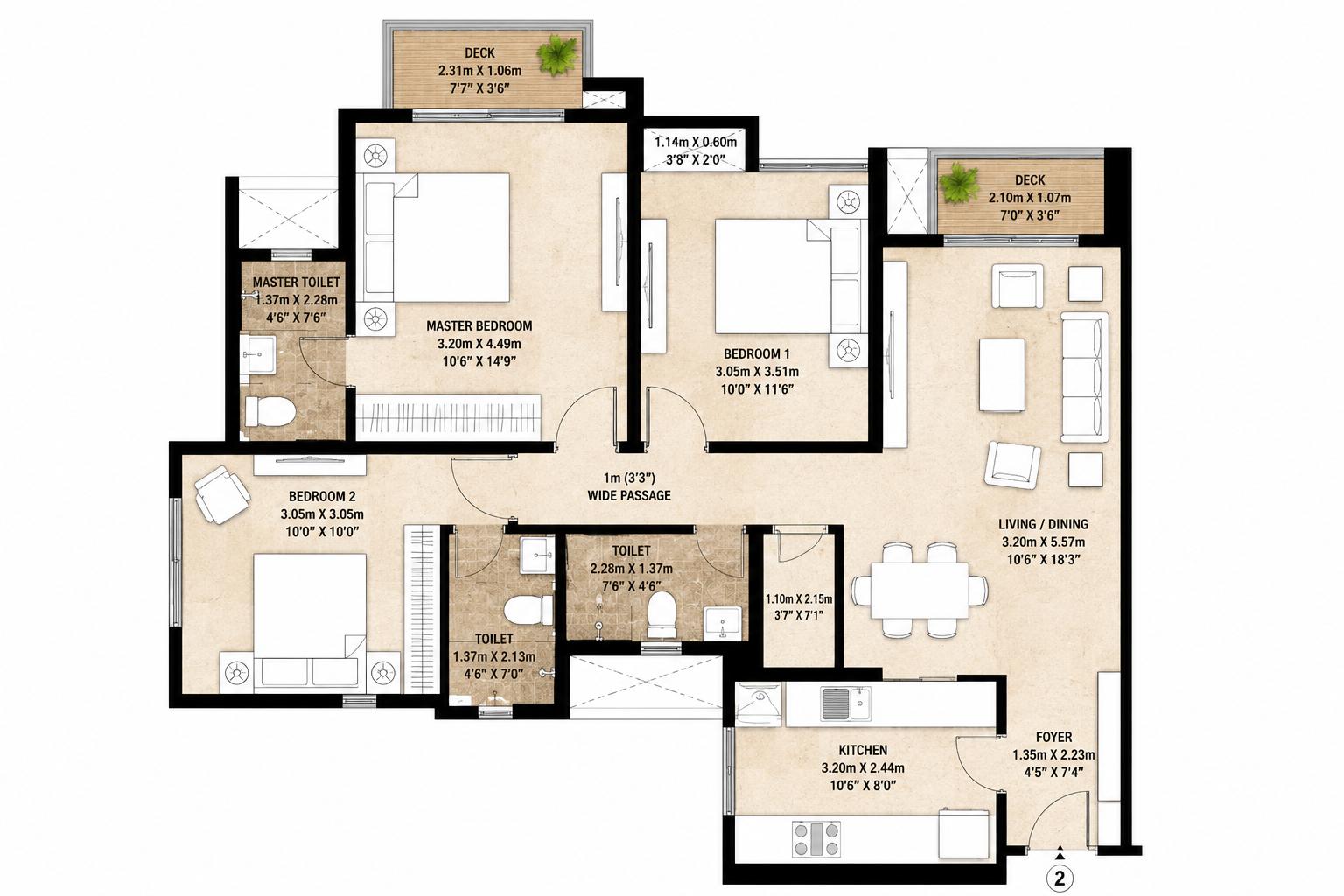 3BHK Type B floor plan
