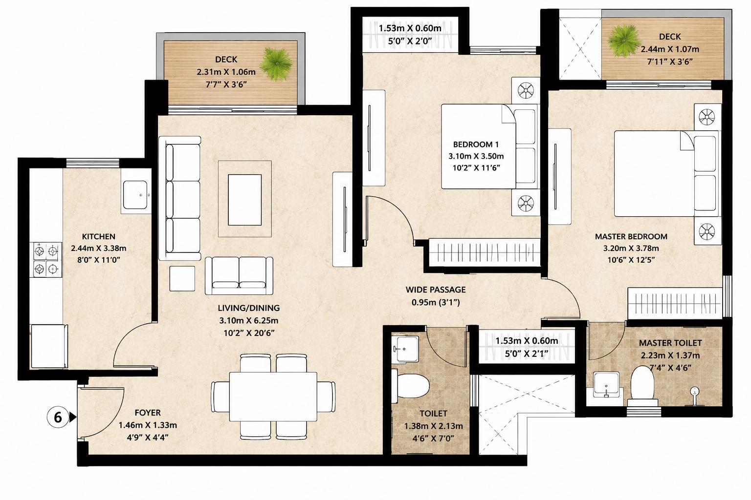 2BHK Type C floor plan