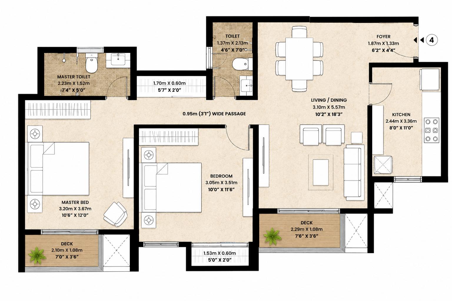 2BHK Type D floor plan