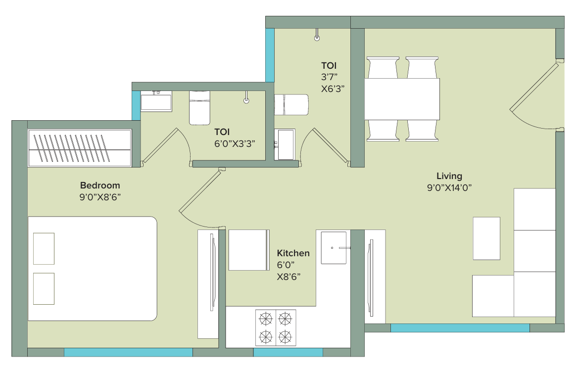 1 BHK T3 floor plan