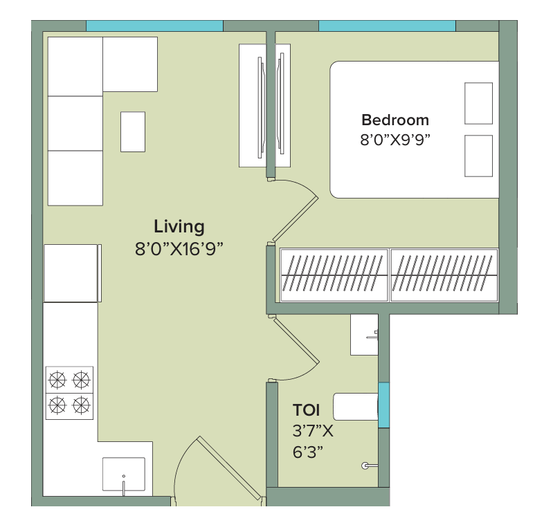 1 BHK T2 floor plan