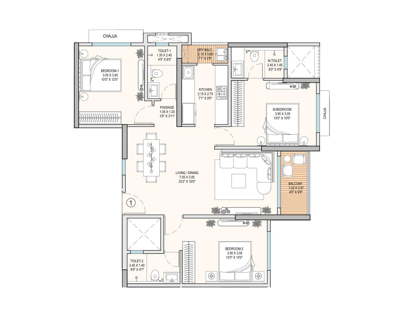 3BHK Type2 floor plan