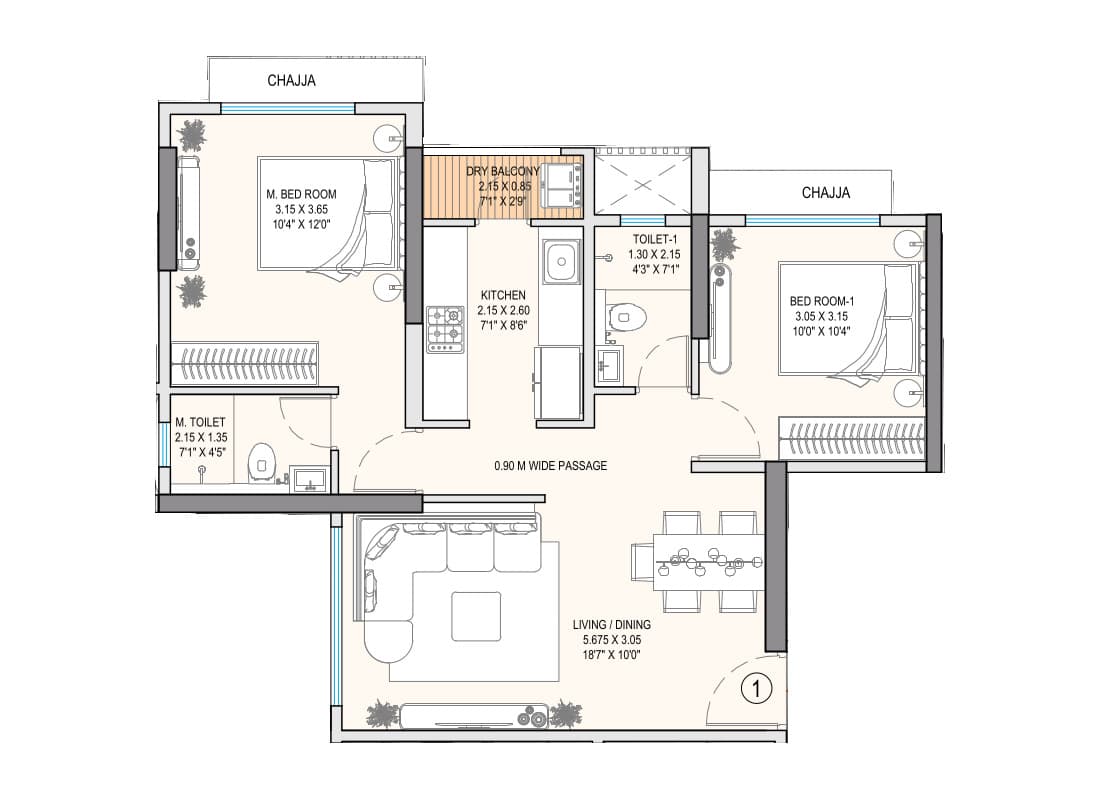 2BHK Type1 floor plan