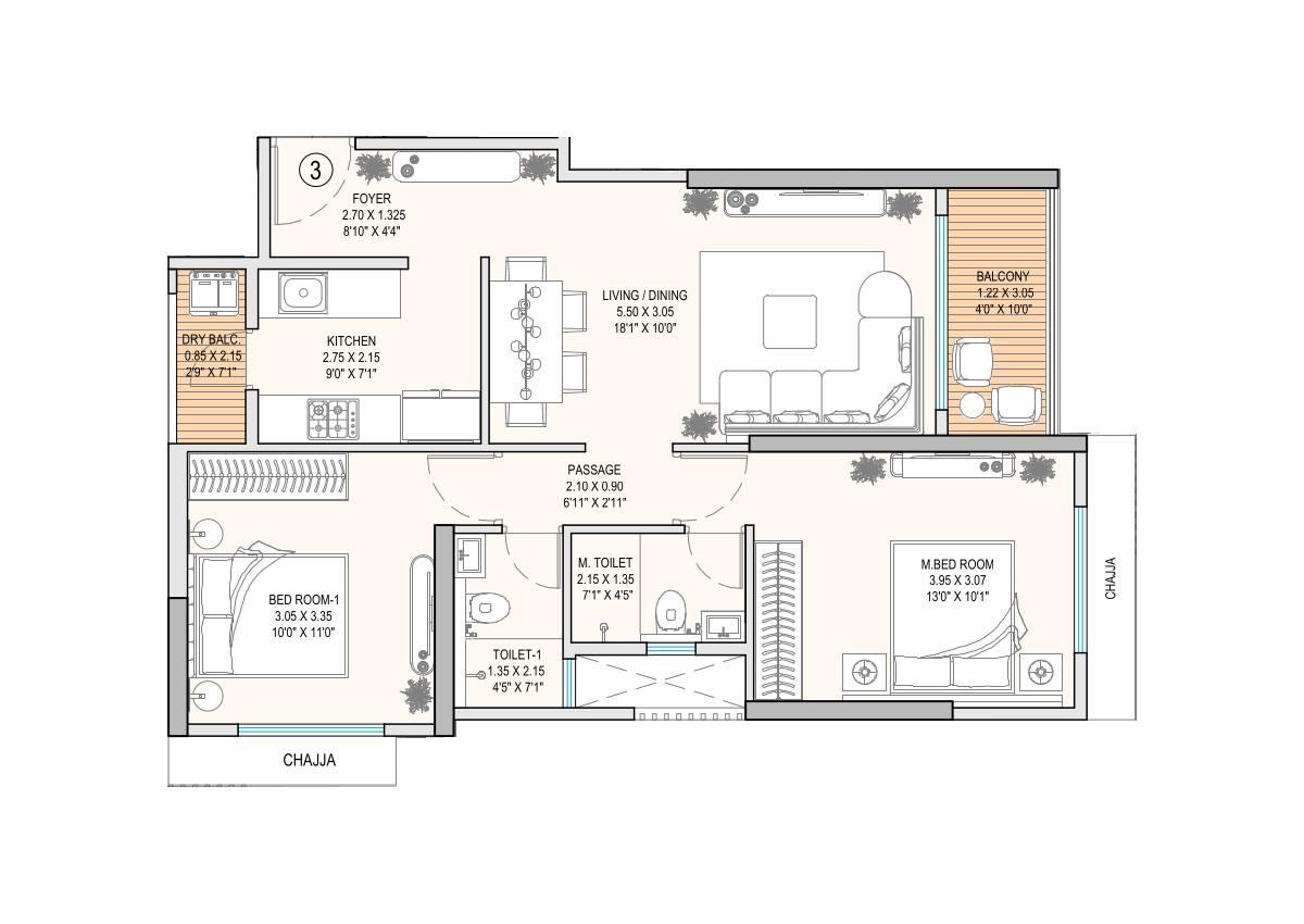 2BHK Type3 floor plan