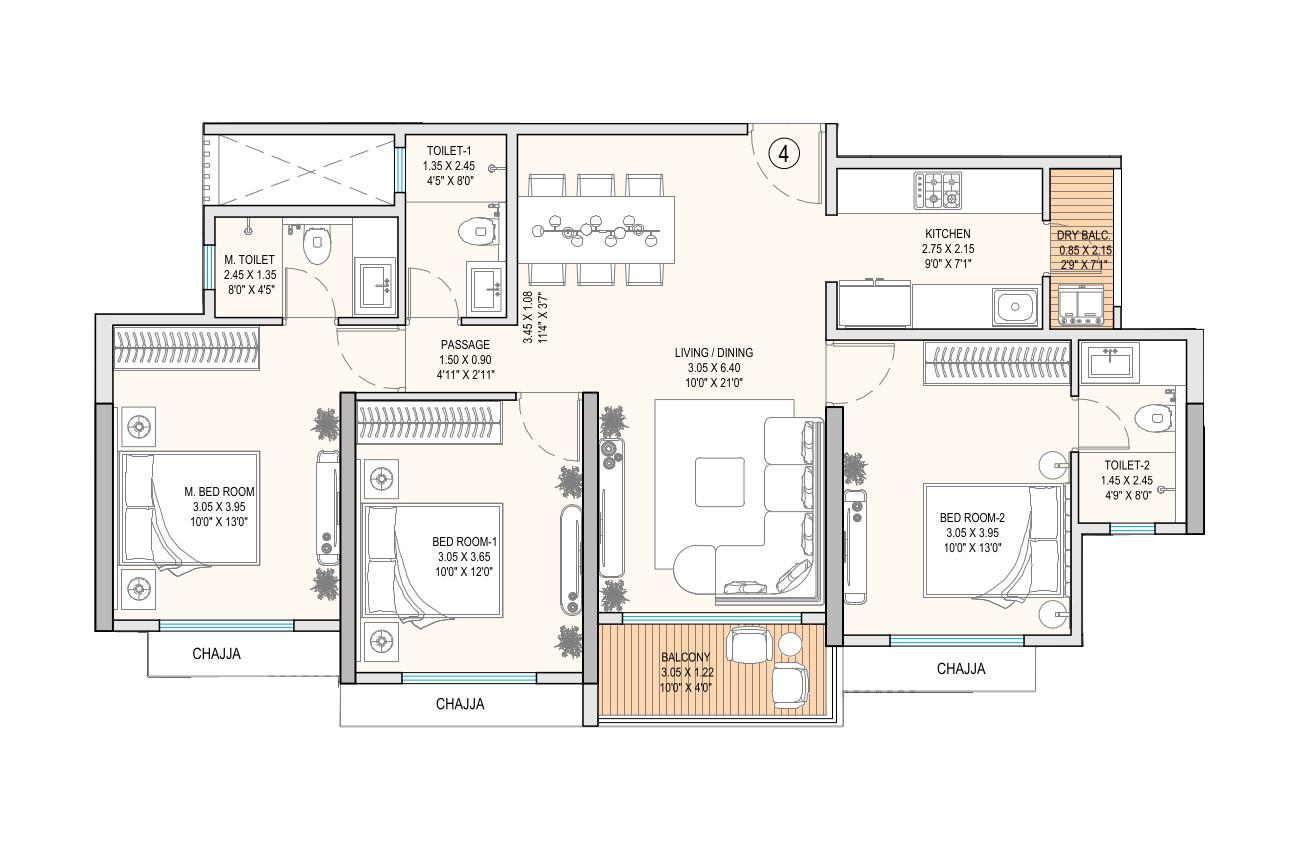 3BHK Type1 floor plan