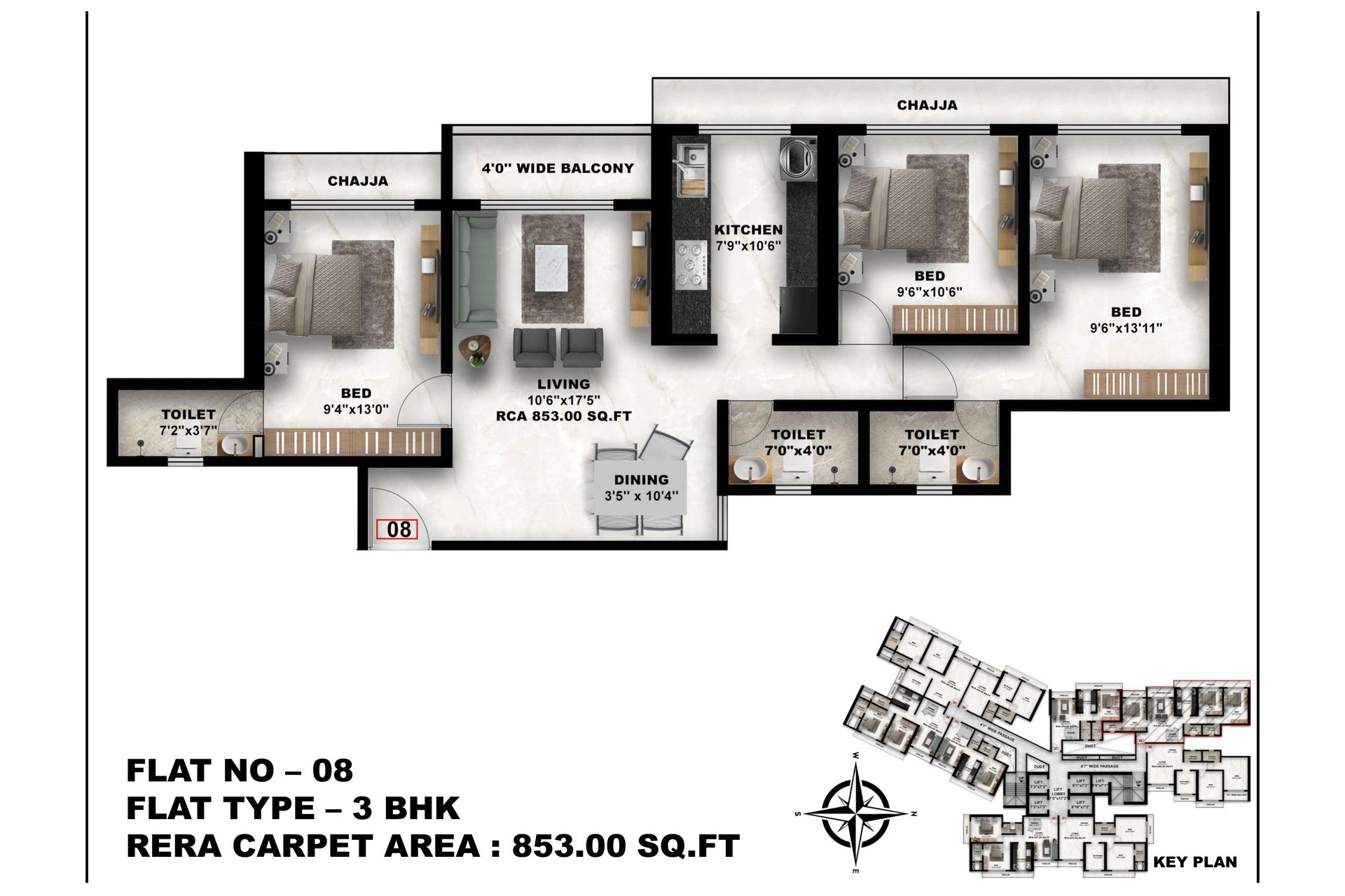 3 BHK floor plan