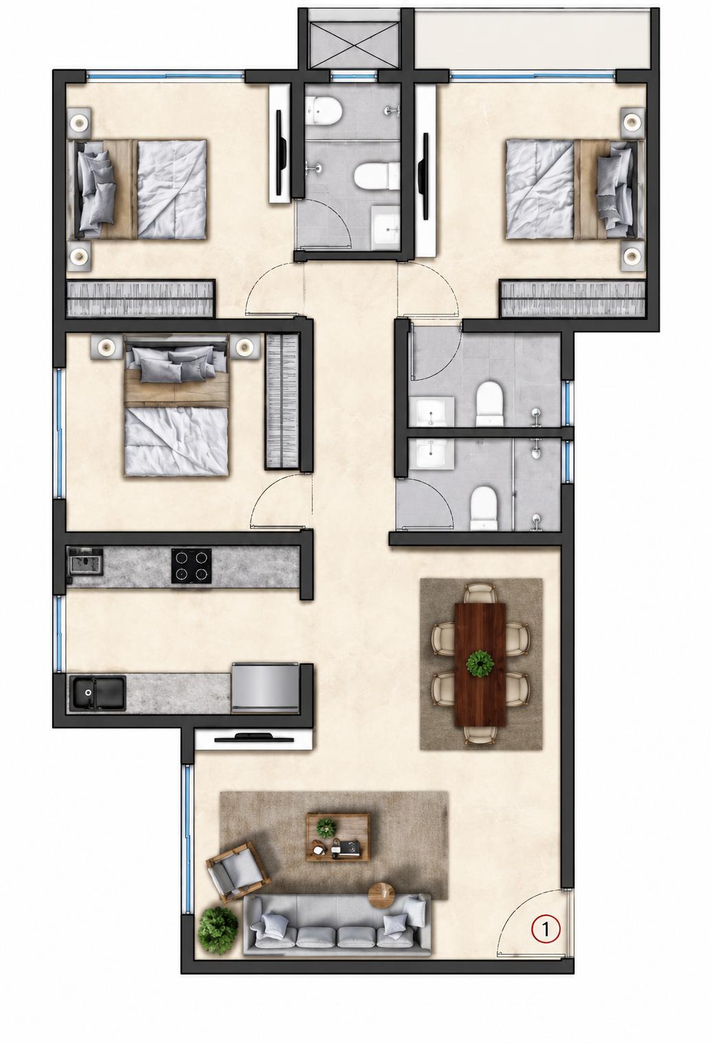 3BHK floor plan