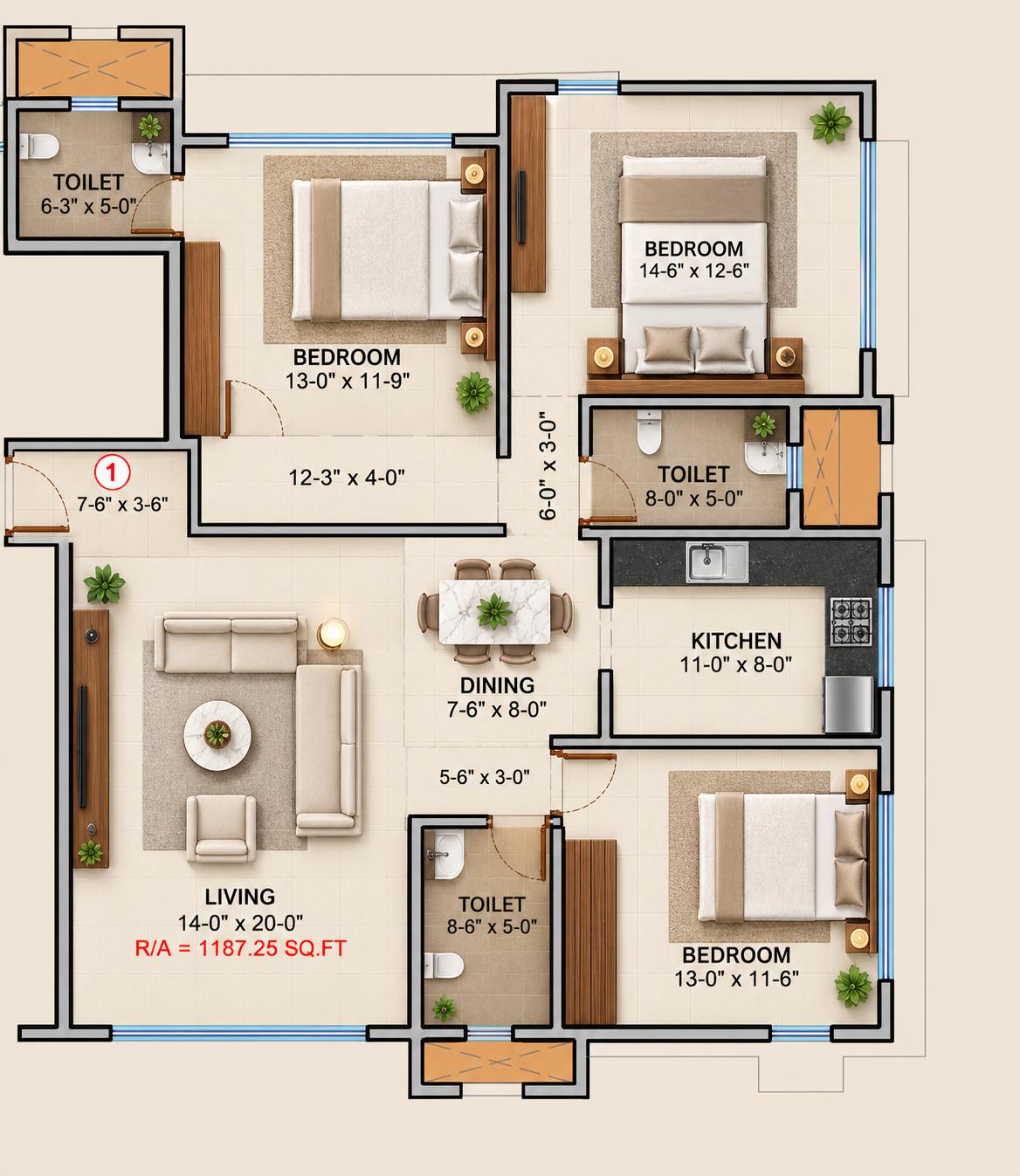 3BHK floor plan