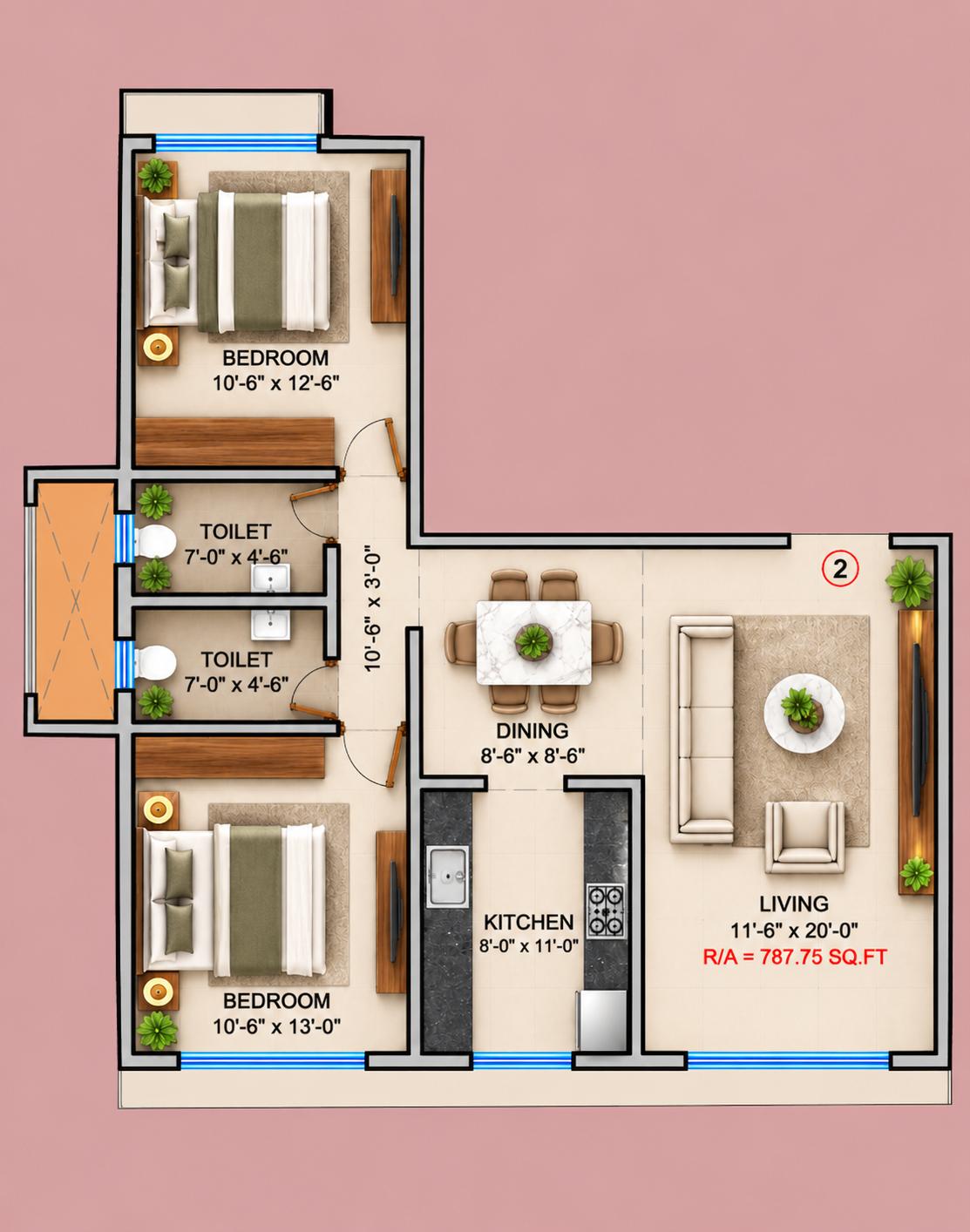 2BHK floor plan