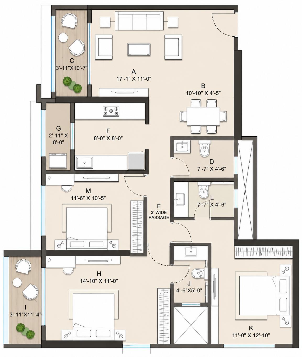 3BHK floor plan