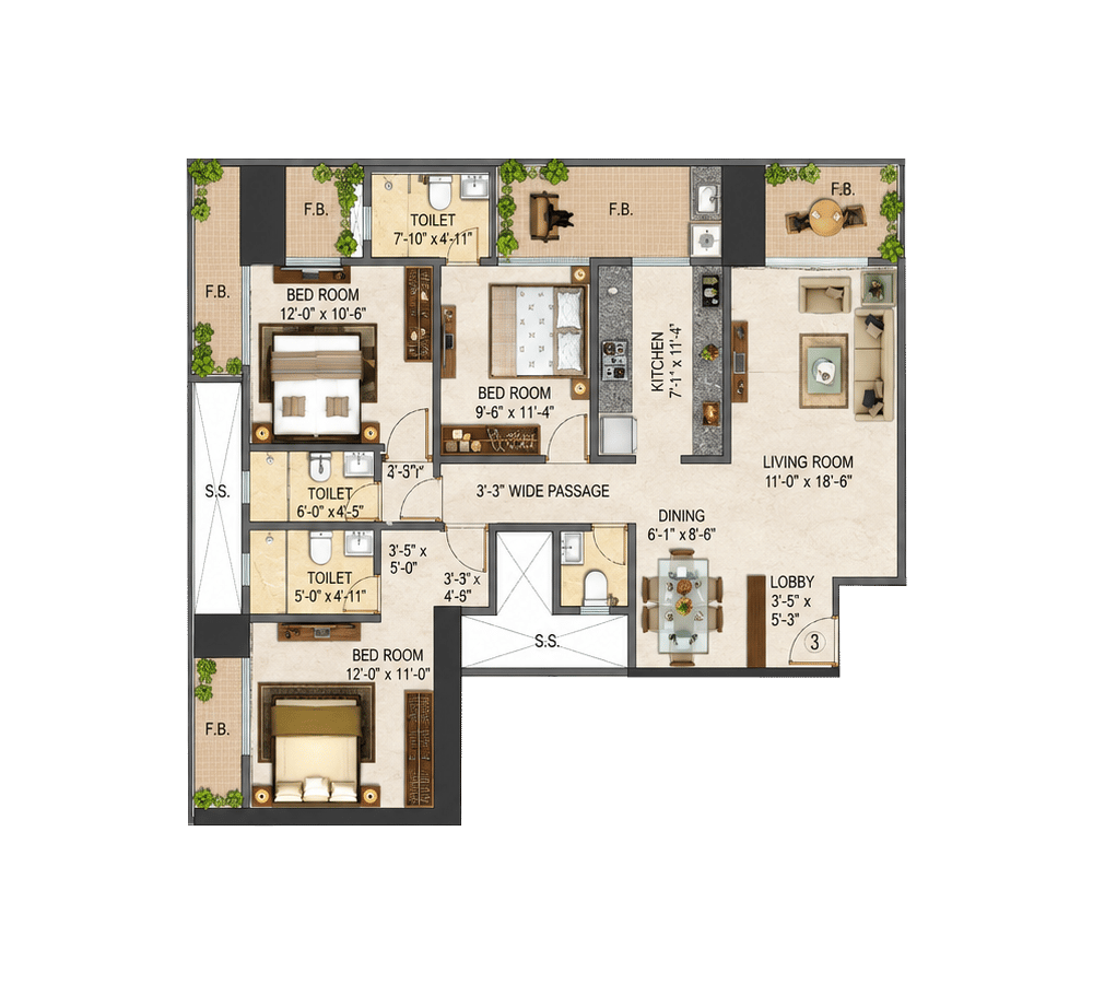 3BHK floor plan