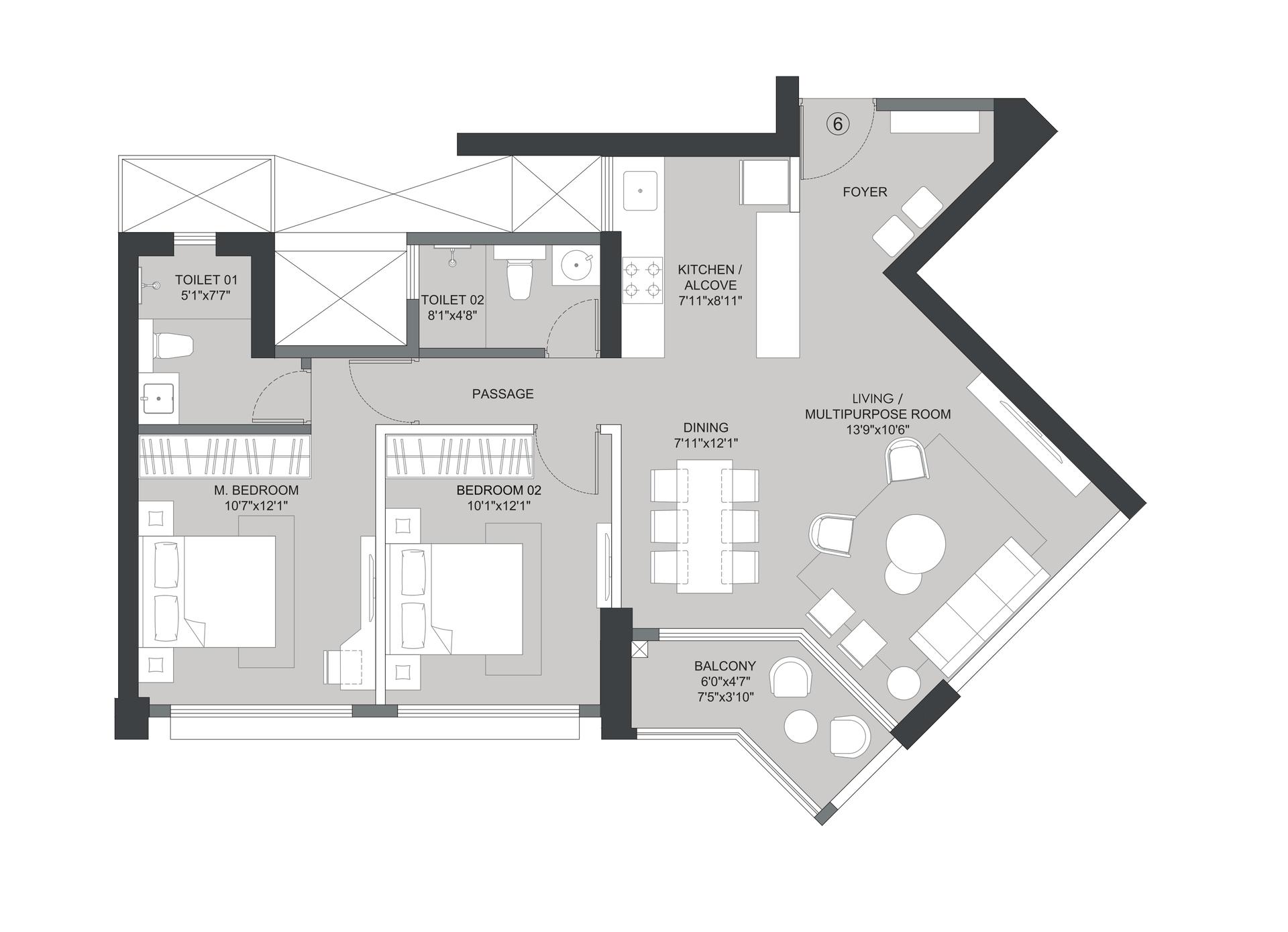 2BHK Type2 floor plan