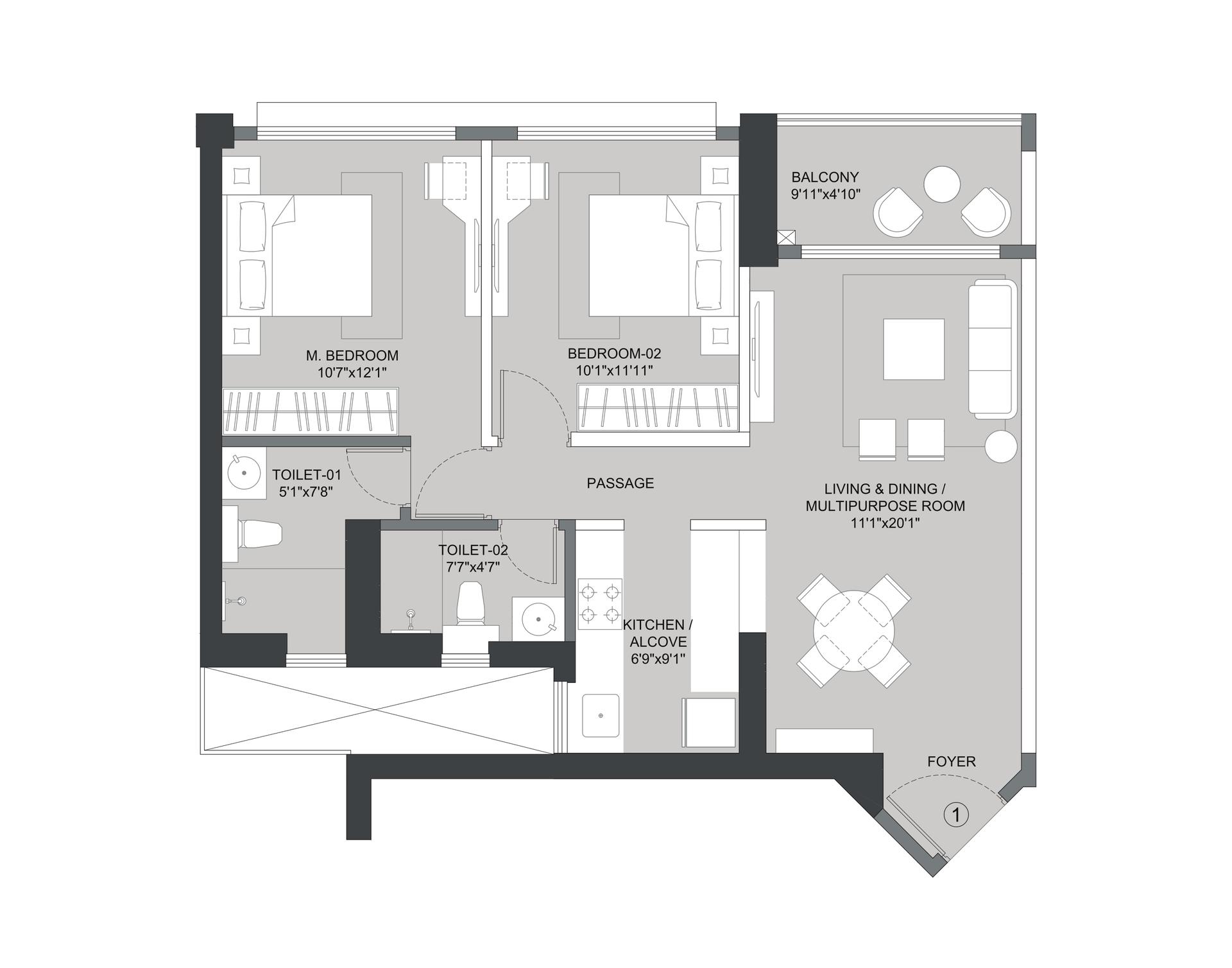 2BHK Type1 floor plan