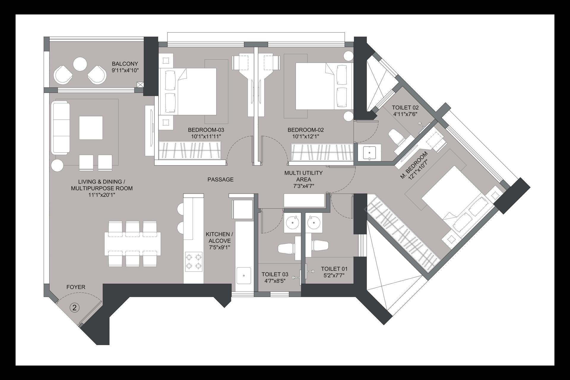 3BHK Type1 floor plan