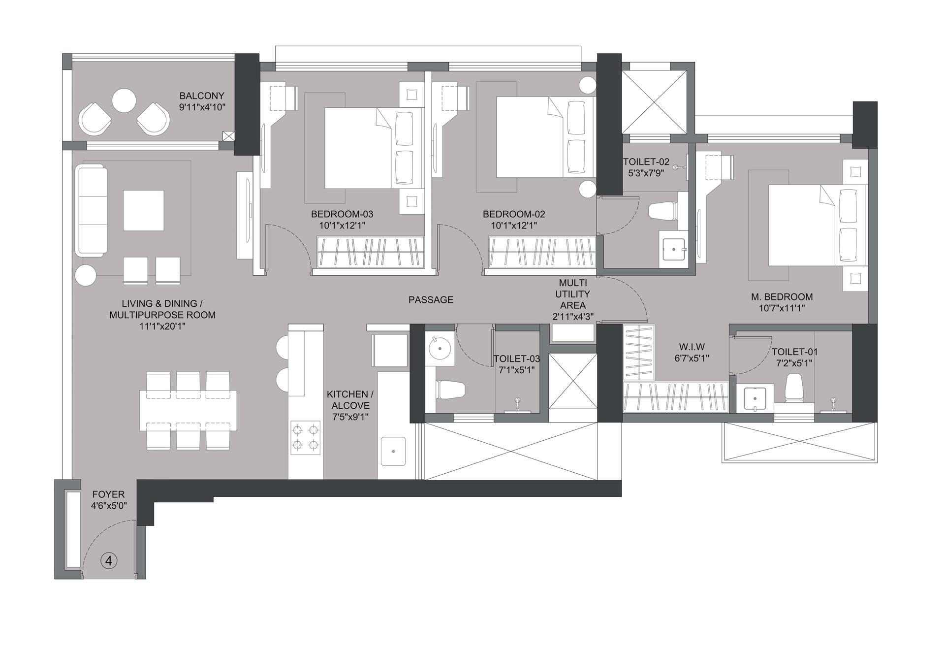3BHK Type2 floor plan
