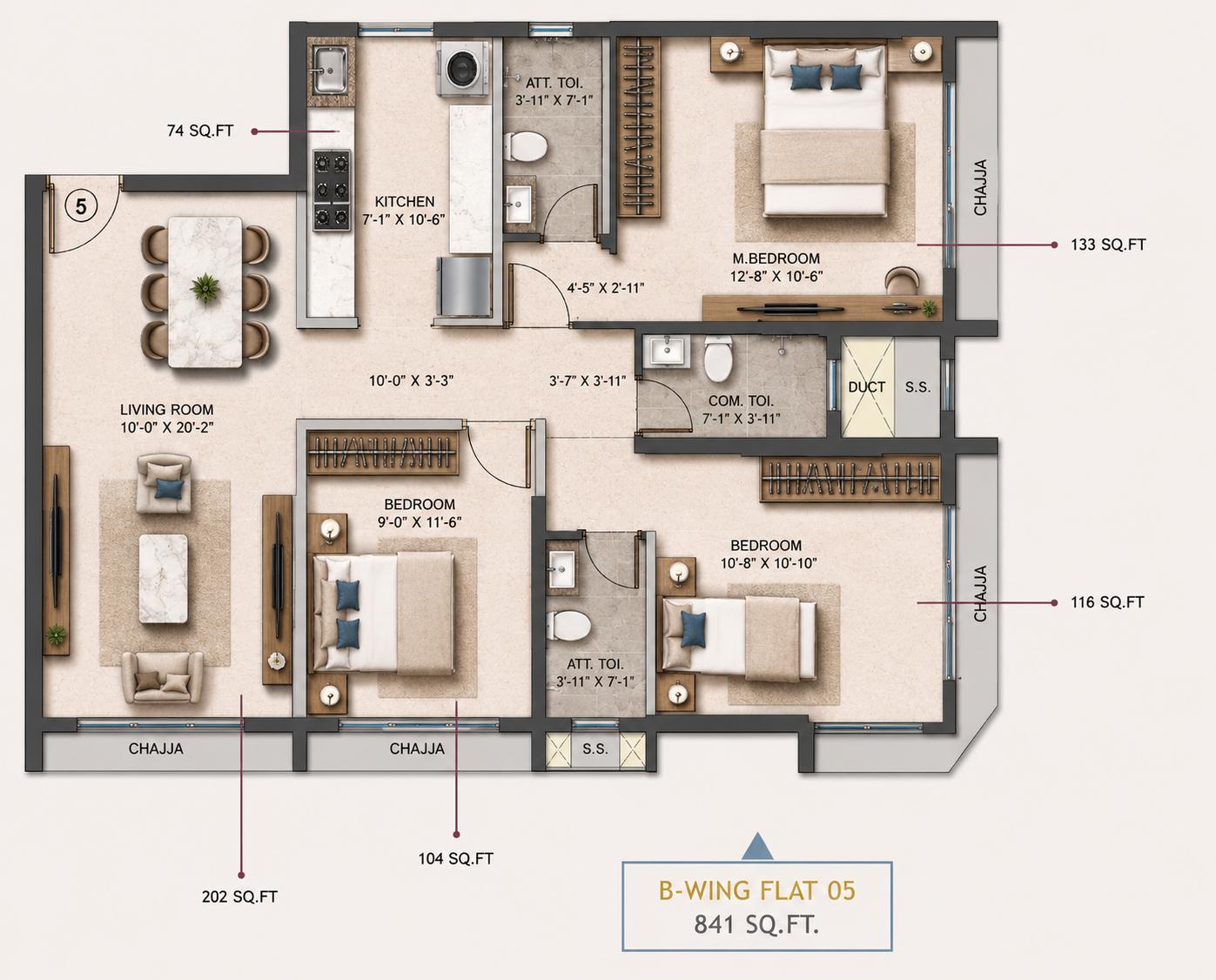 3BHK floor plan