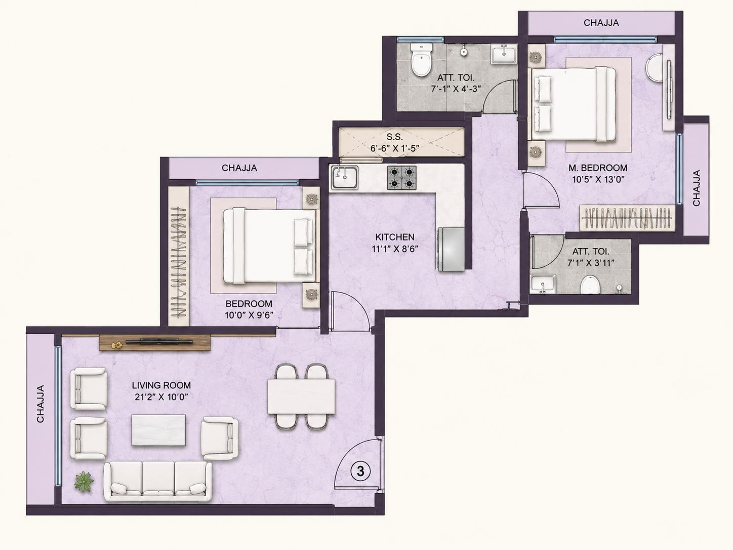 2BHK Grand floor plan
