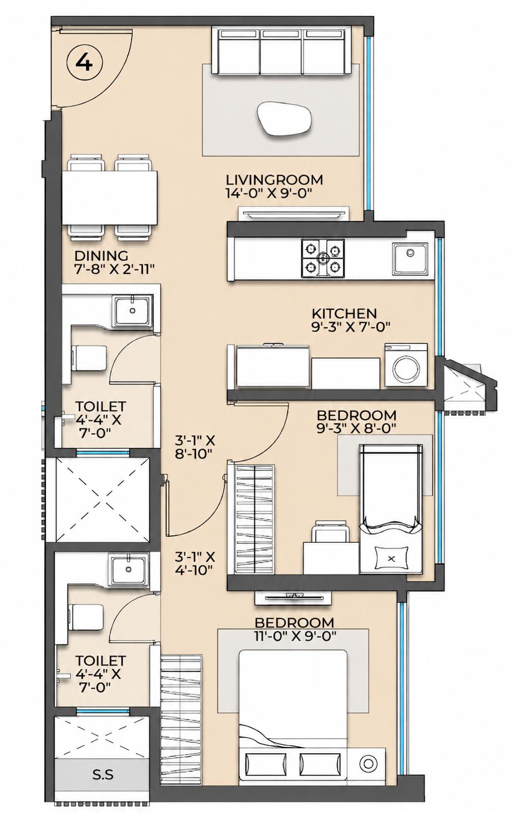 2BHK floor plan
