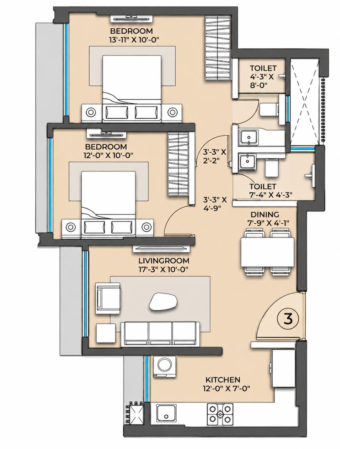 2BHK Grand floor plan