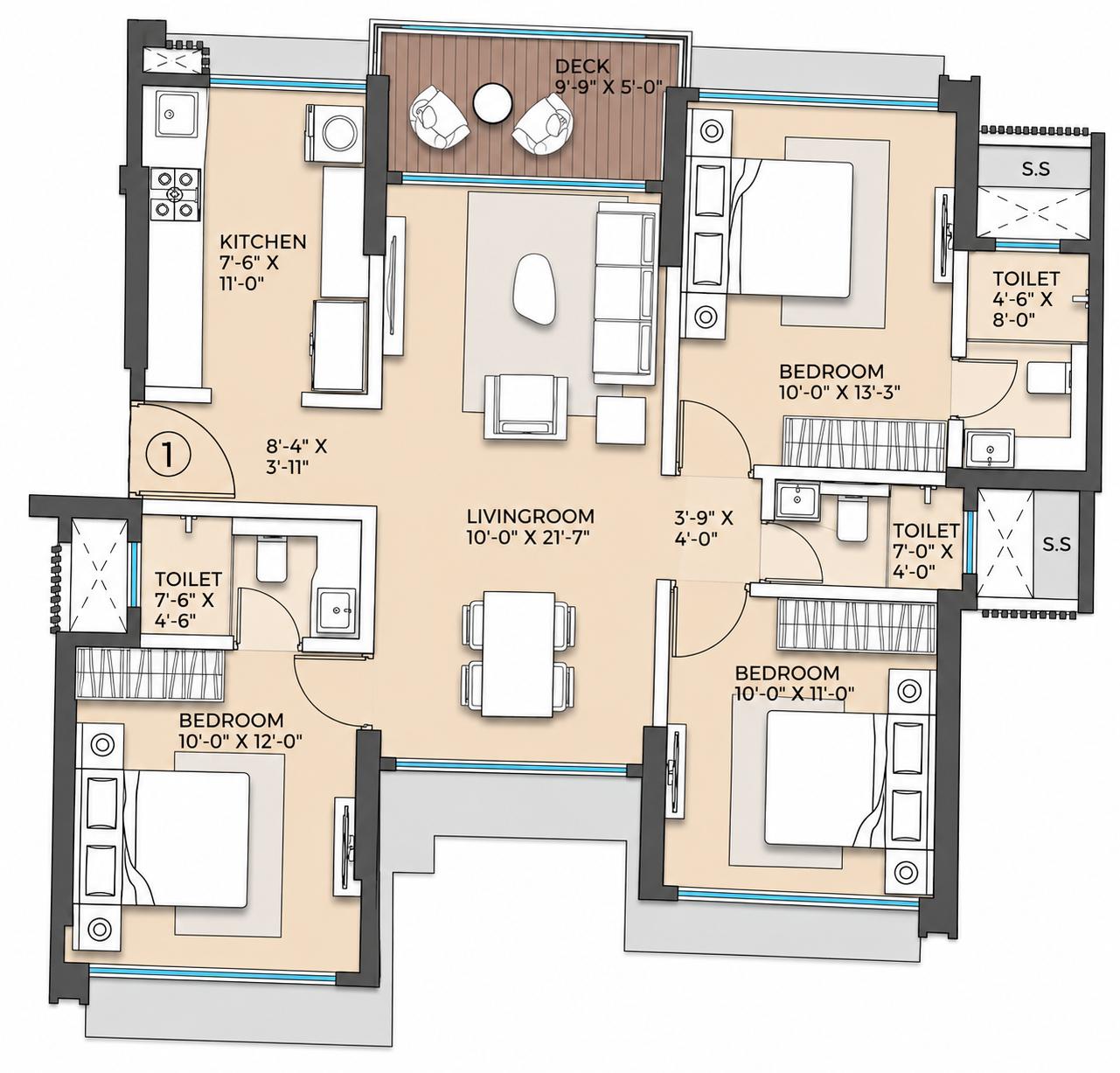 3BHK floor plan