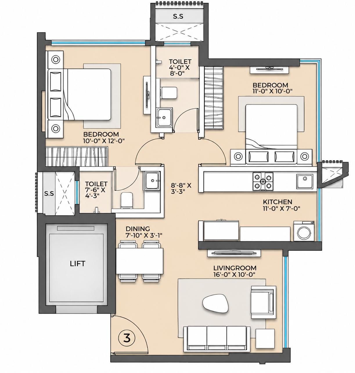 2BHK Luxury floor plan