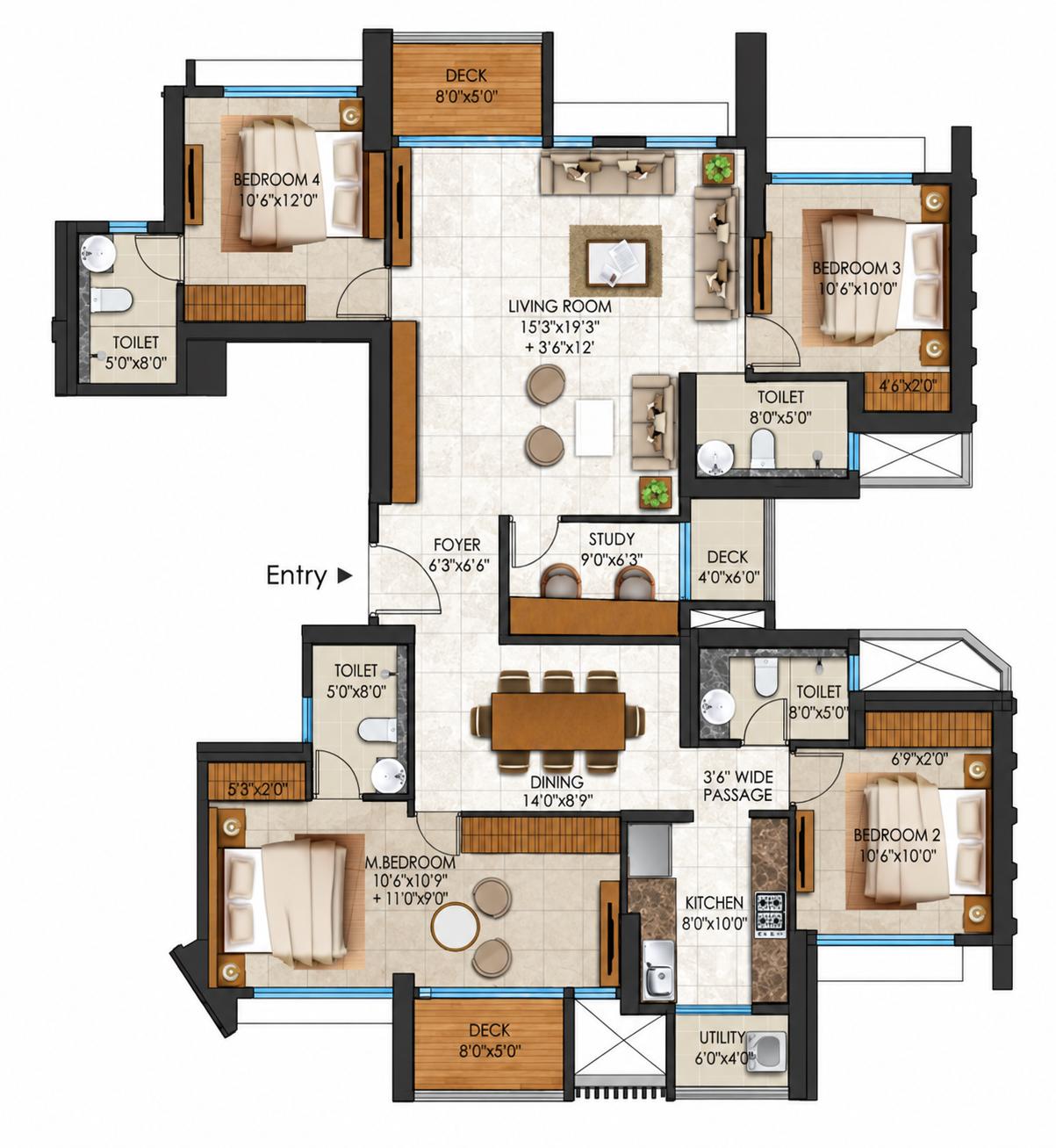4BHK(2+2) Jodi floor plan