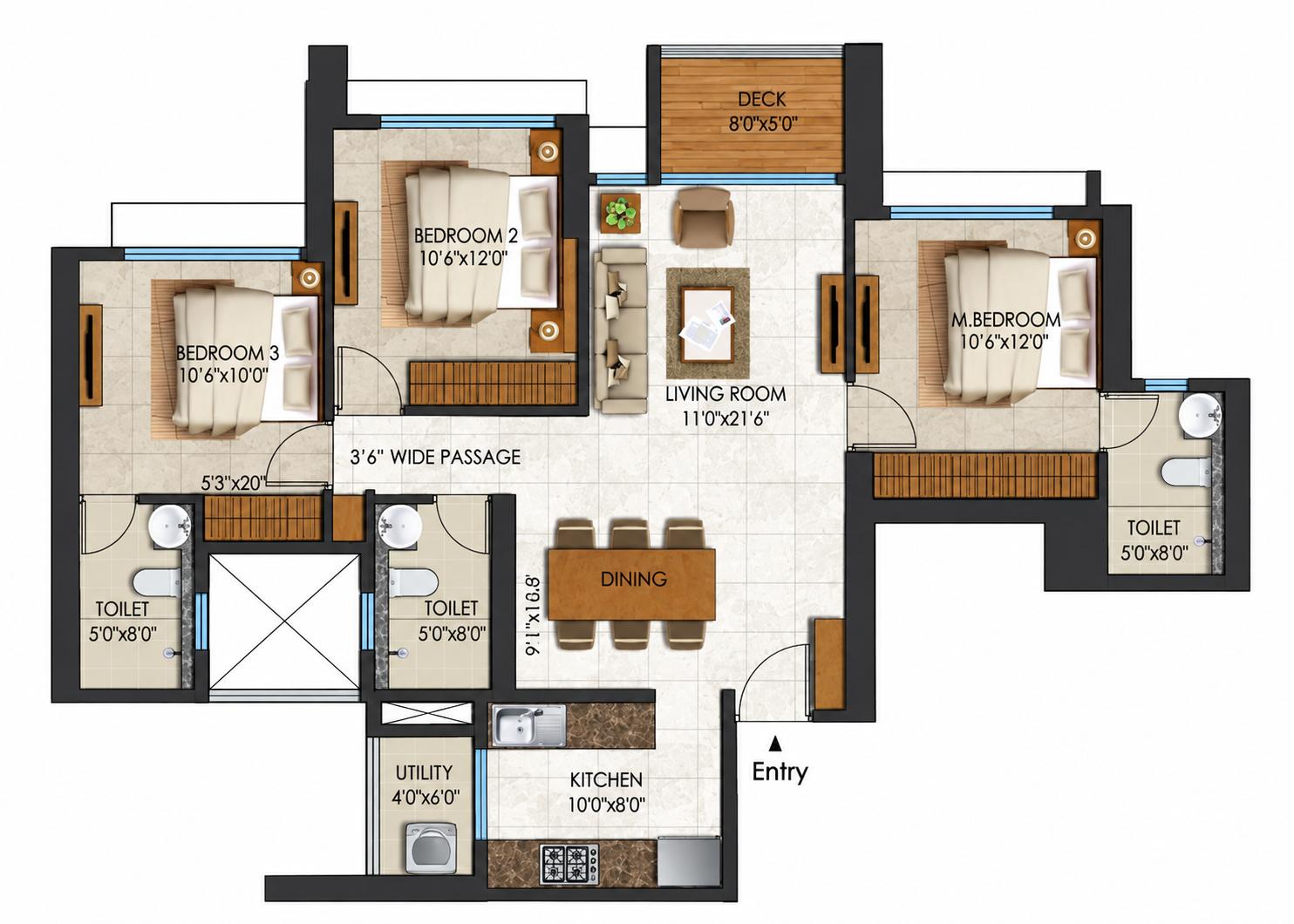 3BHK floor plan