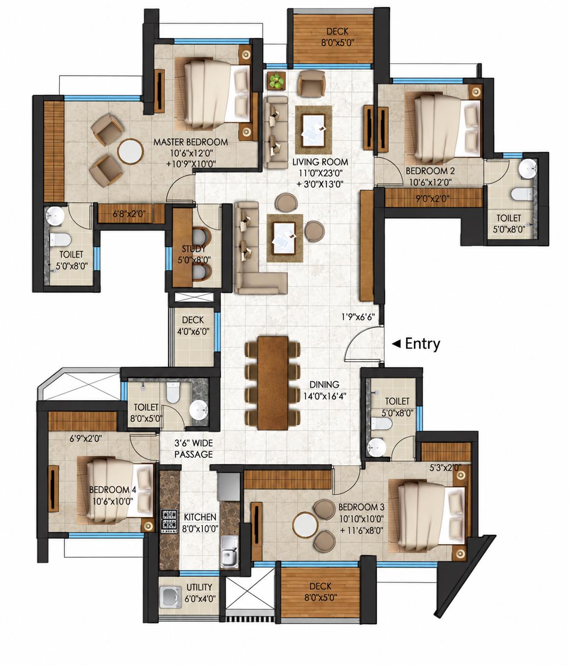 4BHK(2+3) Jodi floor plan
