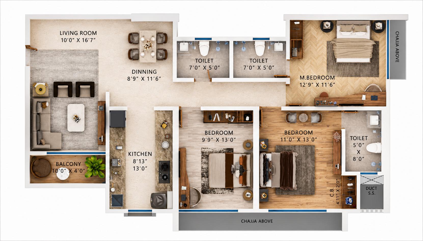 3BHK floor plan