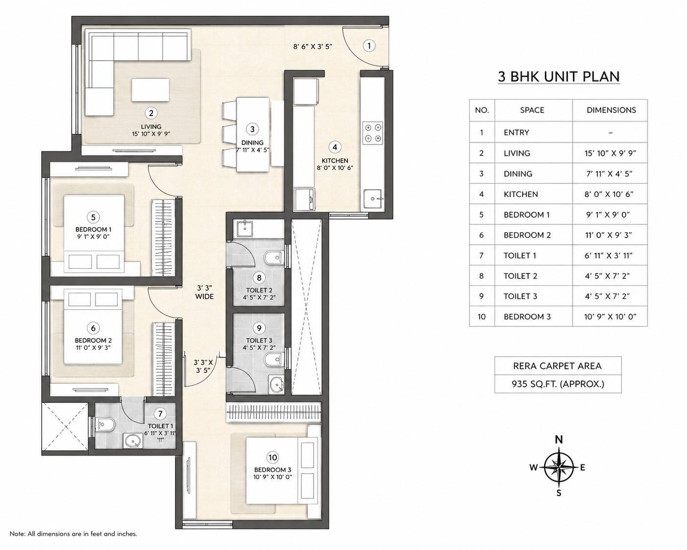 3BHK floor plan