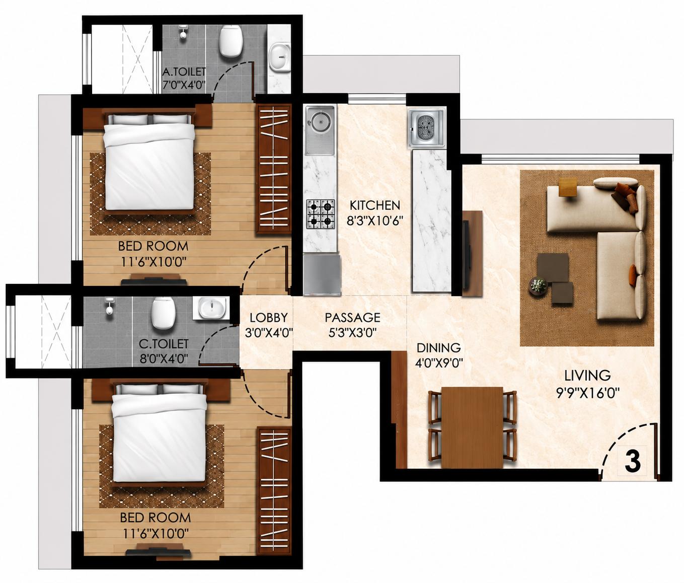 2BHK floor plan