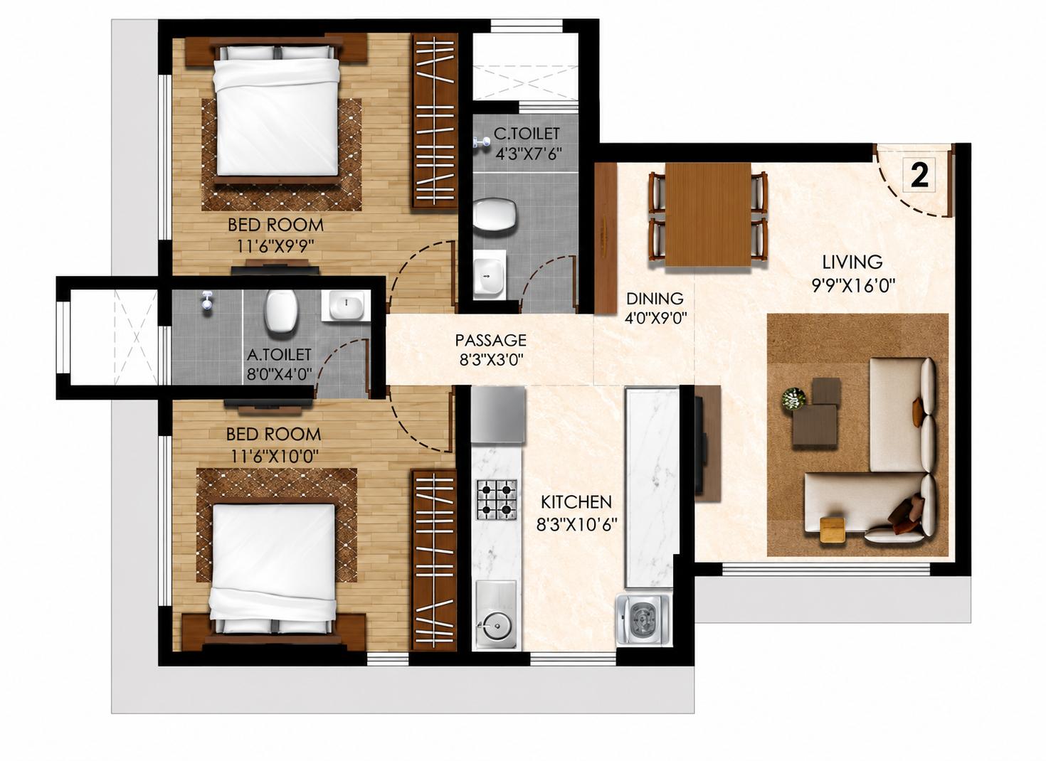 2BHK floor plan