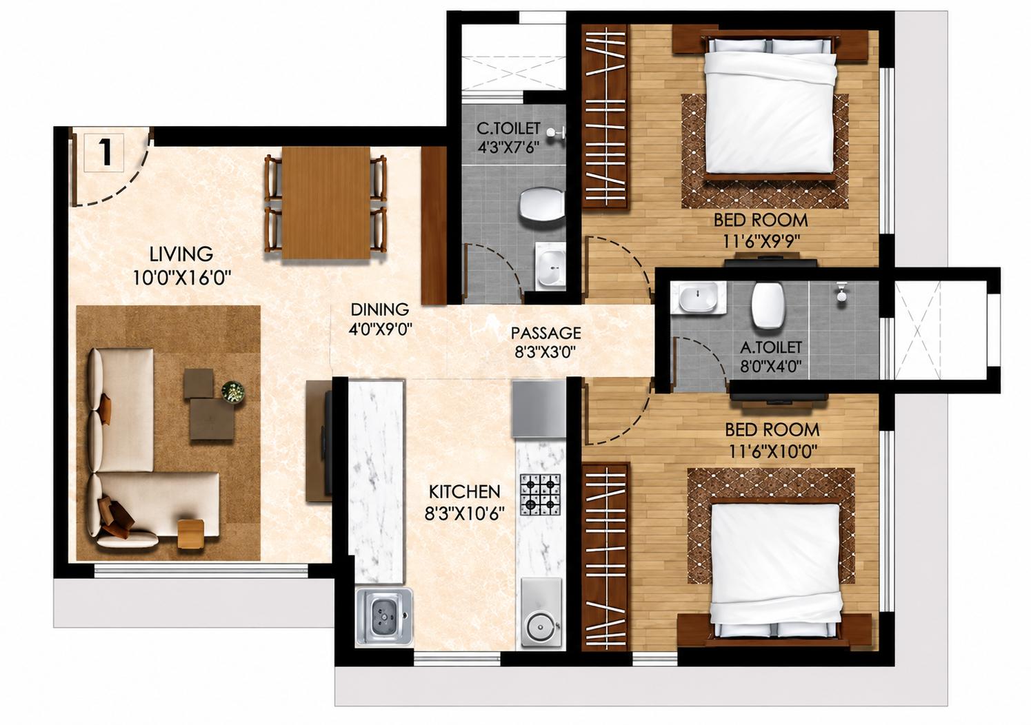 2BHK floor plan
