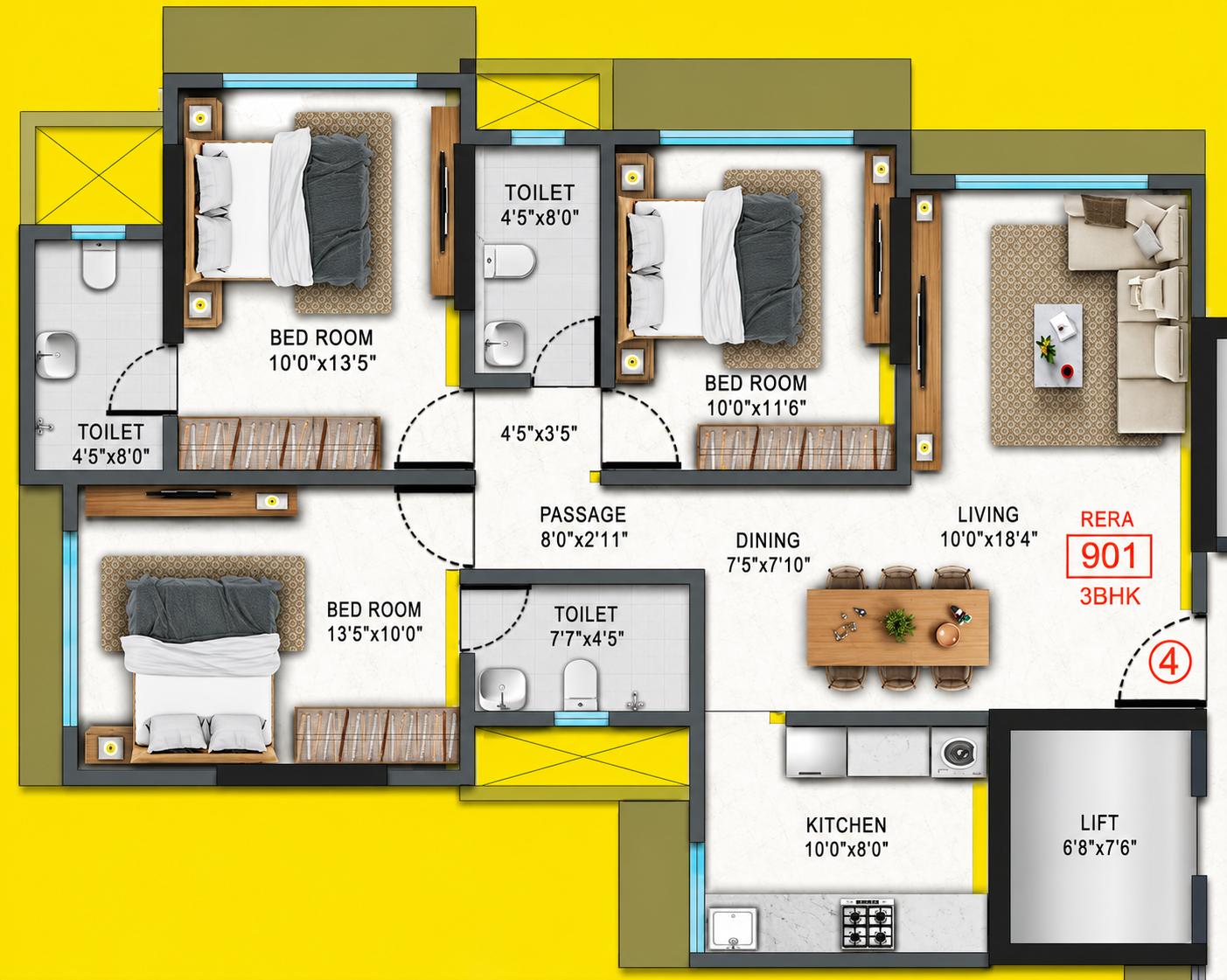 3BHK floor plan