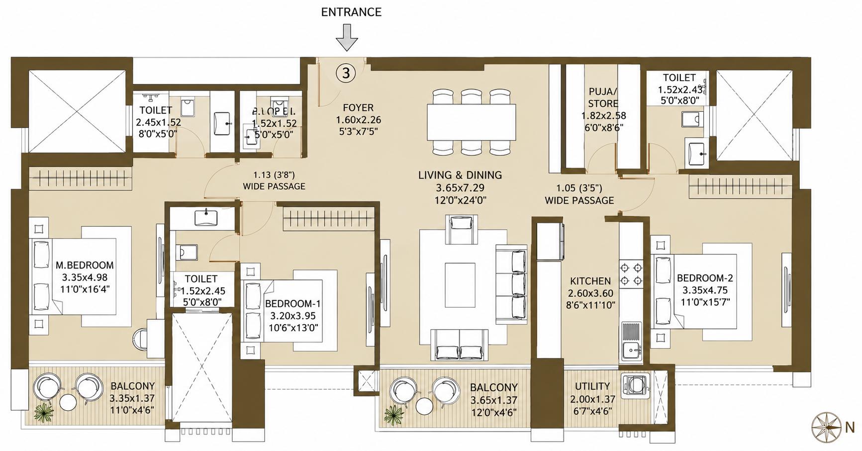3BHK large floor plan