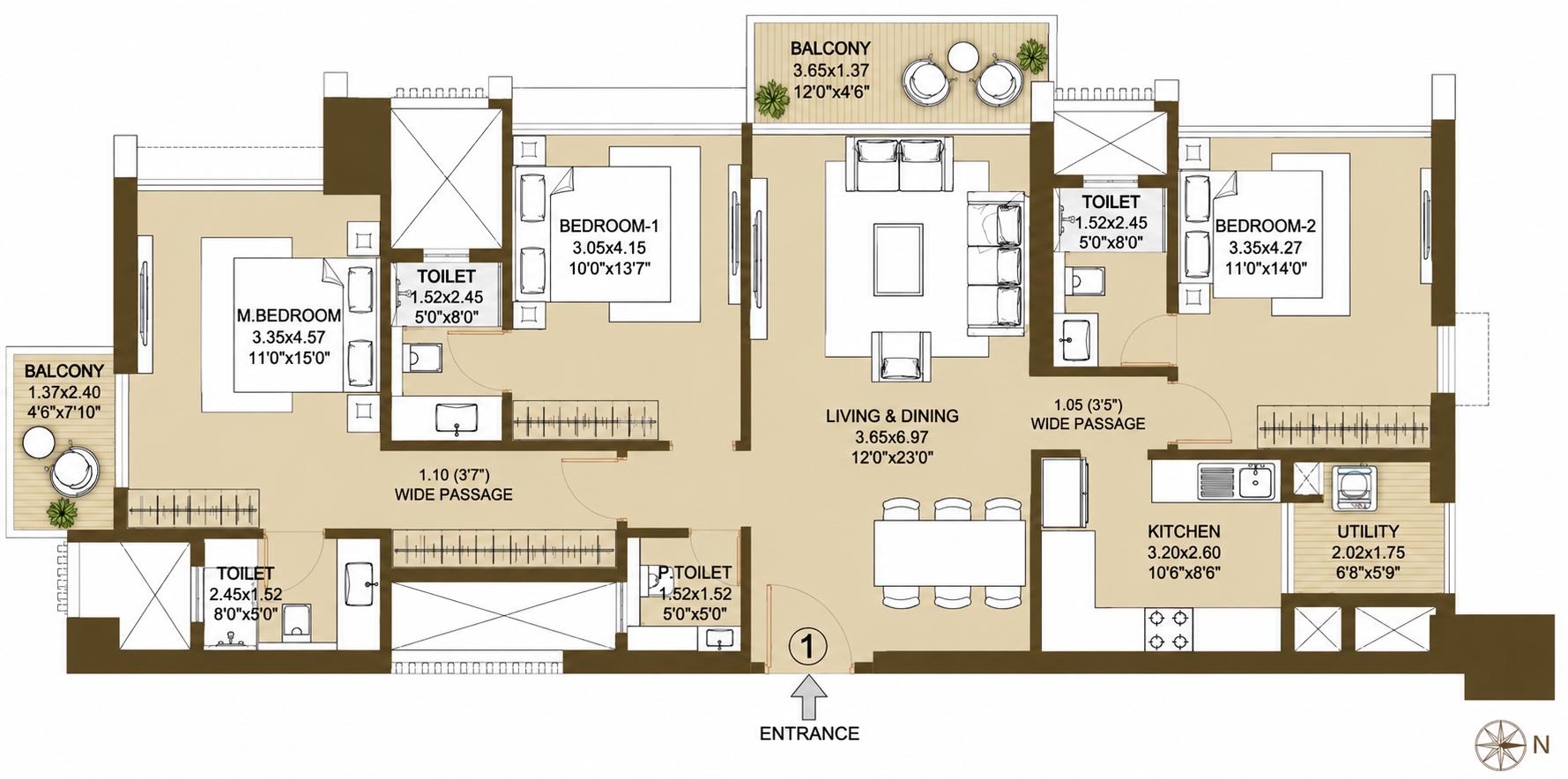 3BHK floor plan