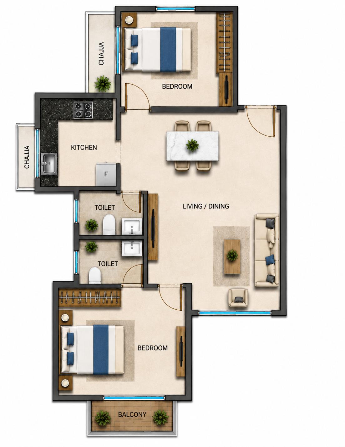 2BHK floor plan