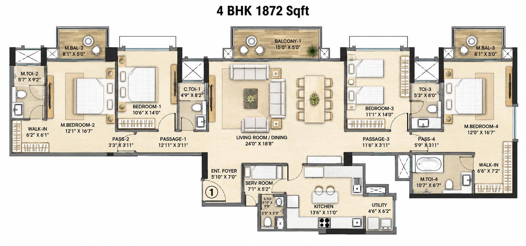 4BHK T1 floor plan
