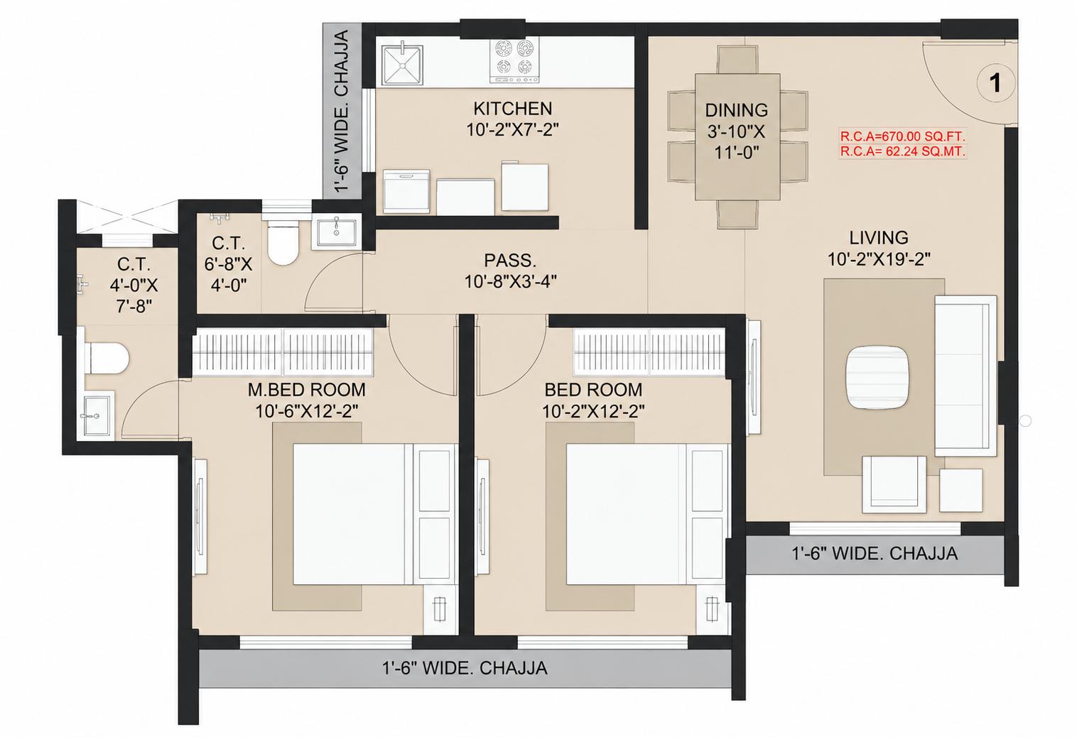 2 BHK Type1 floor plan