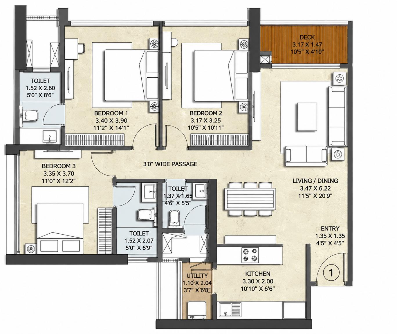3BHK floor plan