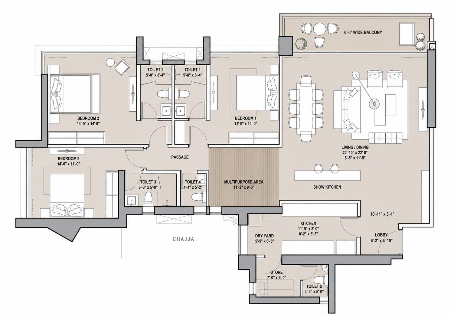 3BHK floor plan