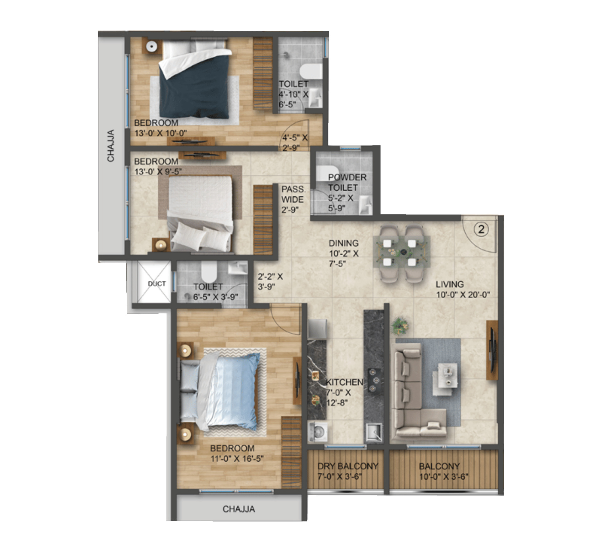 3 BHK Type2 floor plan