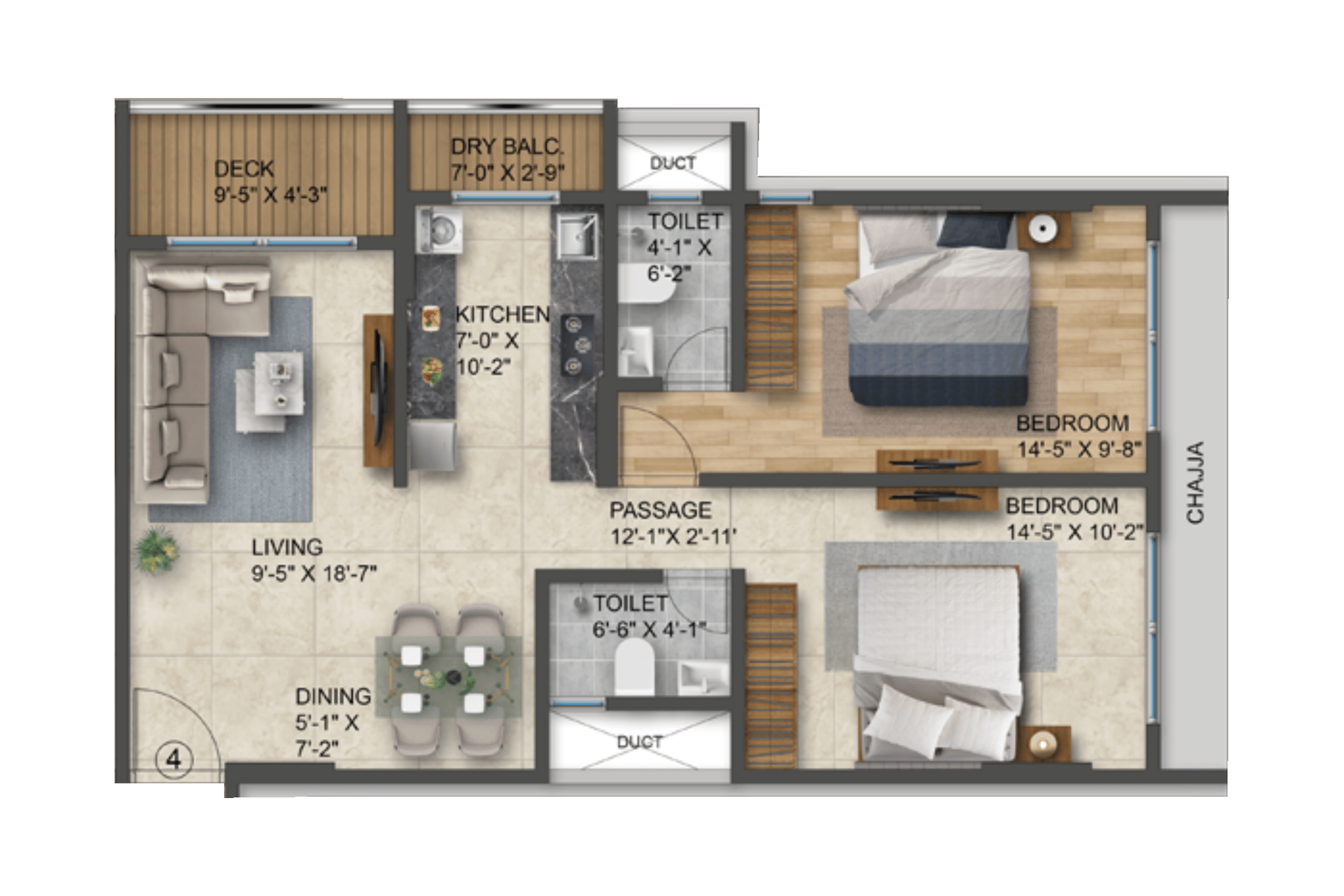 2 BHK Type1 floor plan