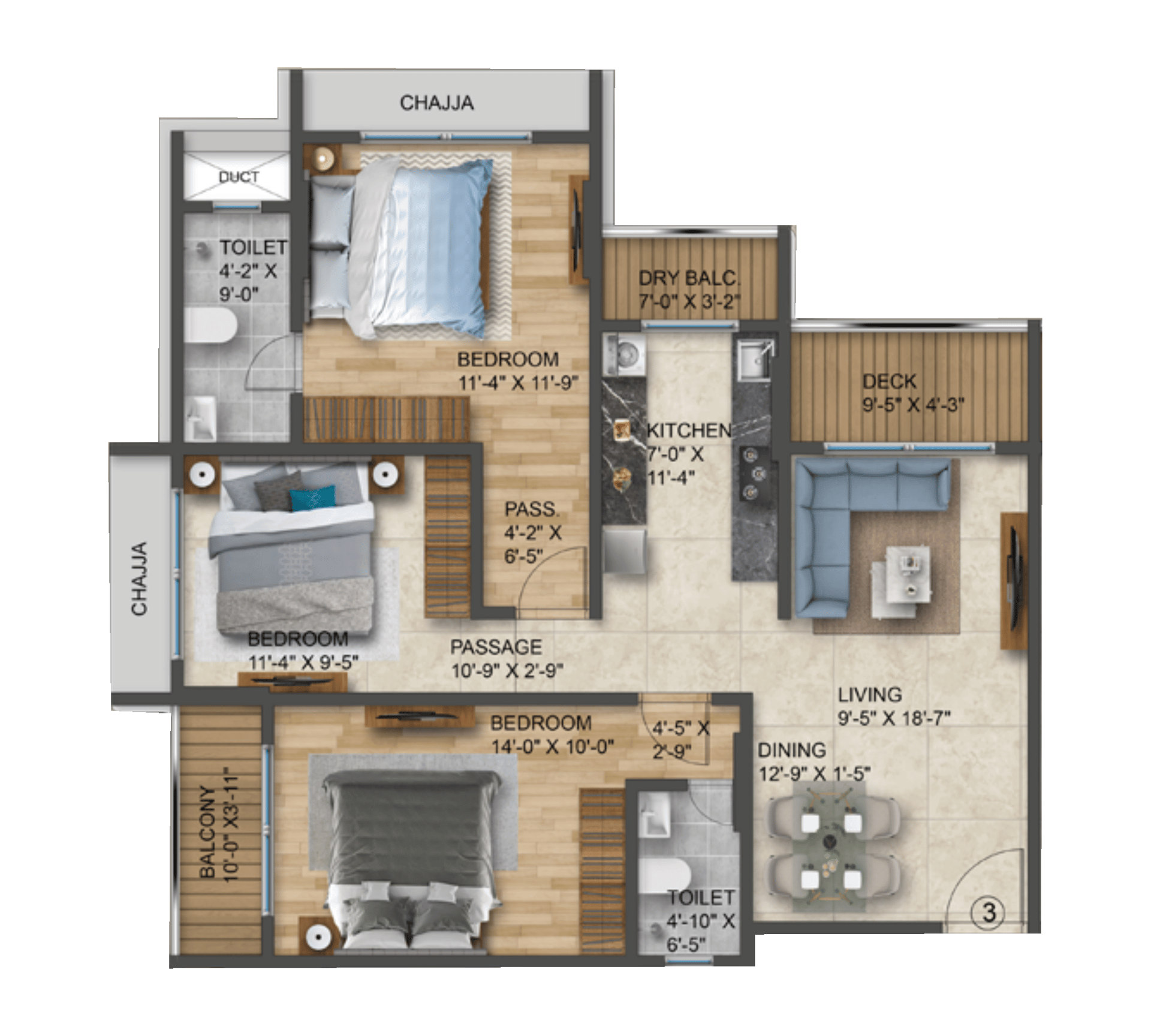 3 BHK Type1 floor plan