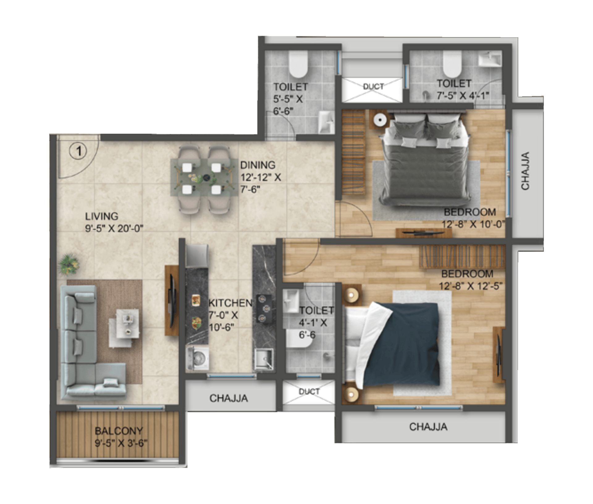 2 BHK Type2 floor plan