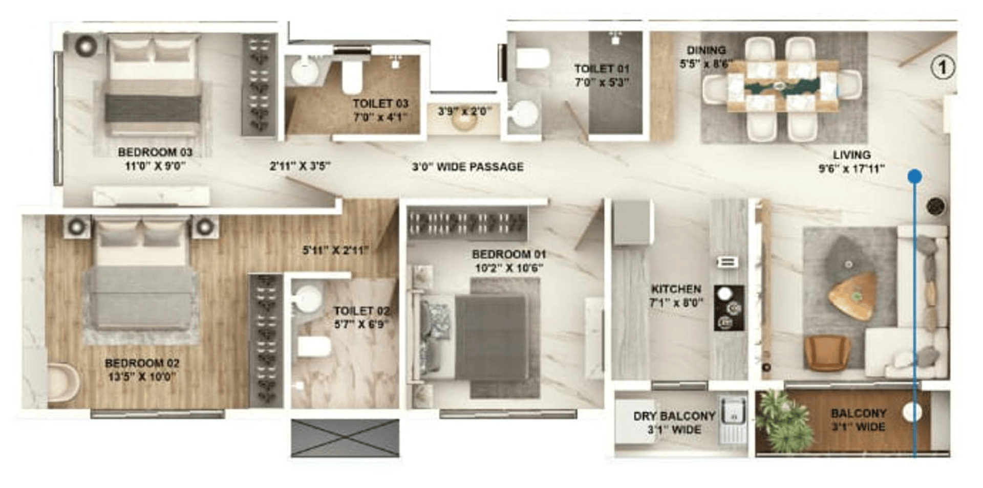 3 BHK floor plan