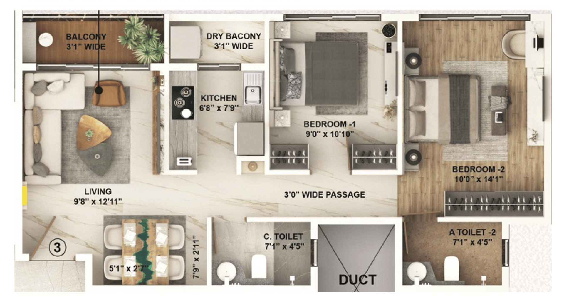 2 BHK T3 floor plan