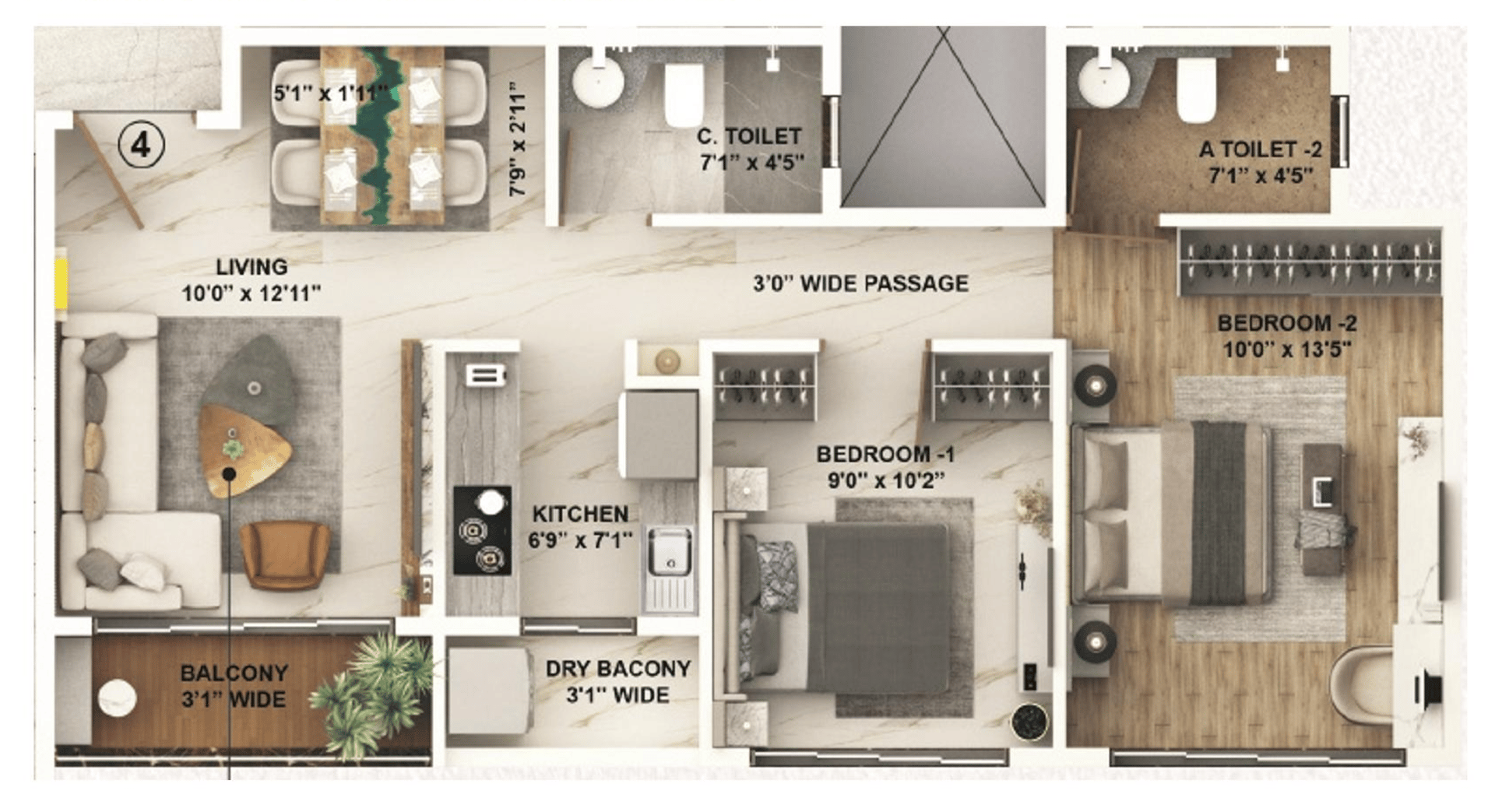 2 BHK T1 floor plan