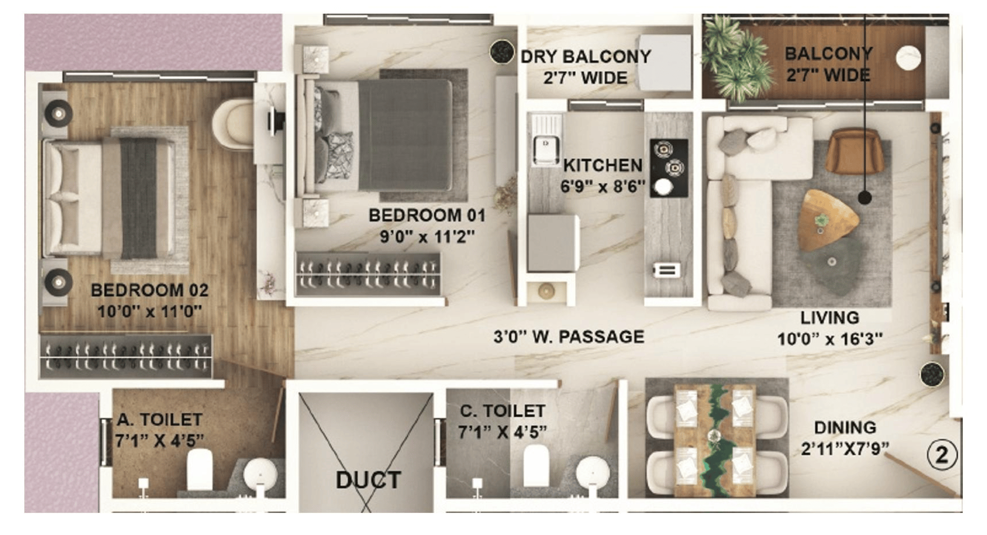 2 BHK T2 floor plan