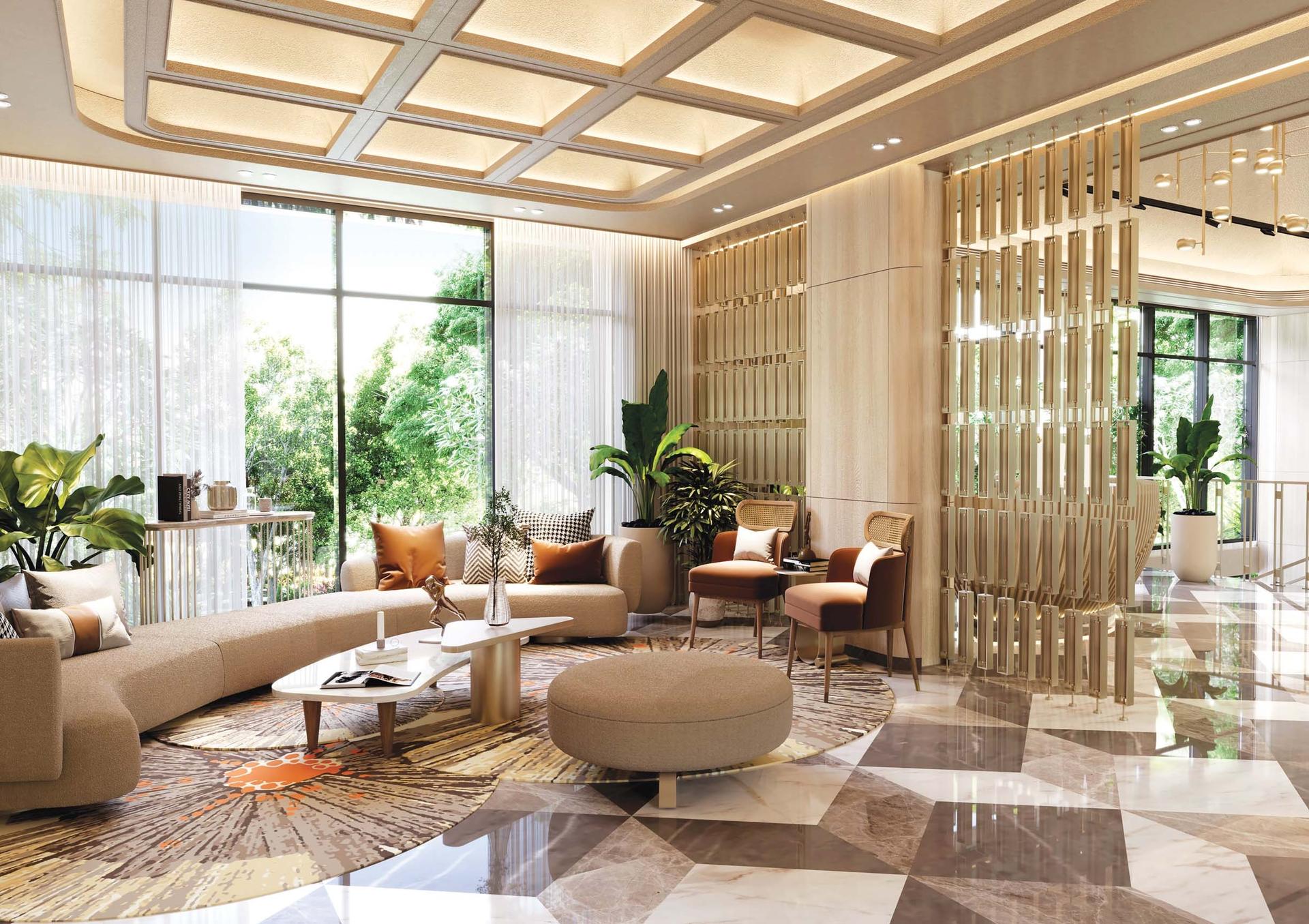 Grand entrance lobby at Lodha Sovrano, Jogeshwari West